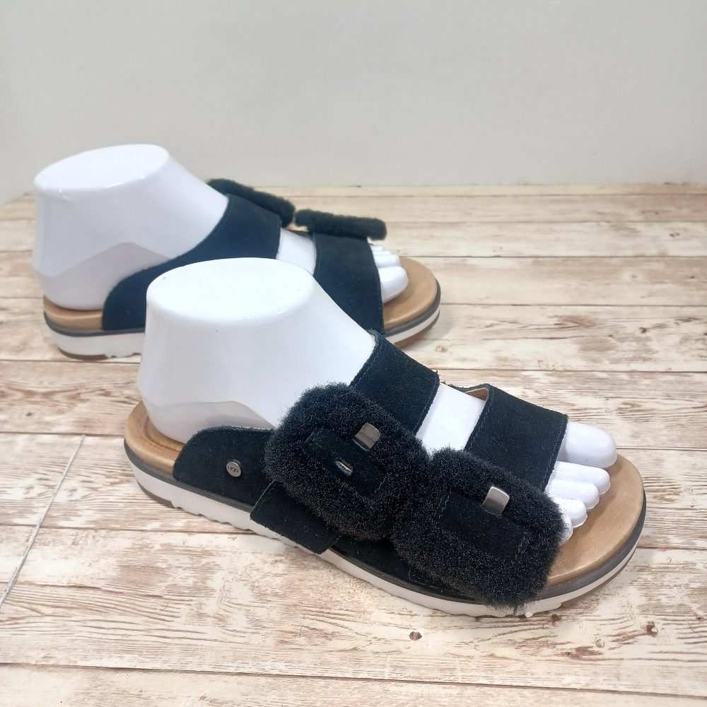 UGG Suede 2 Strap Slide On Sandals Fuzzy Buckle Women's Size 7 Black - Picture 2 of 14